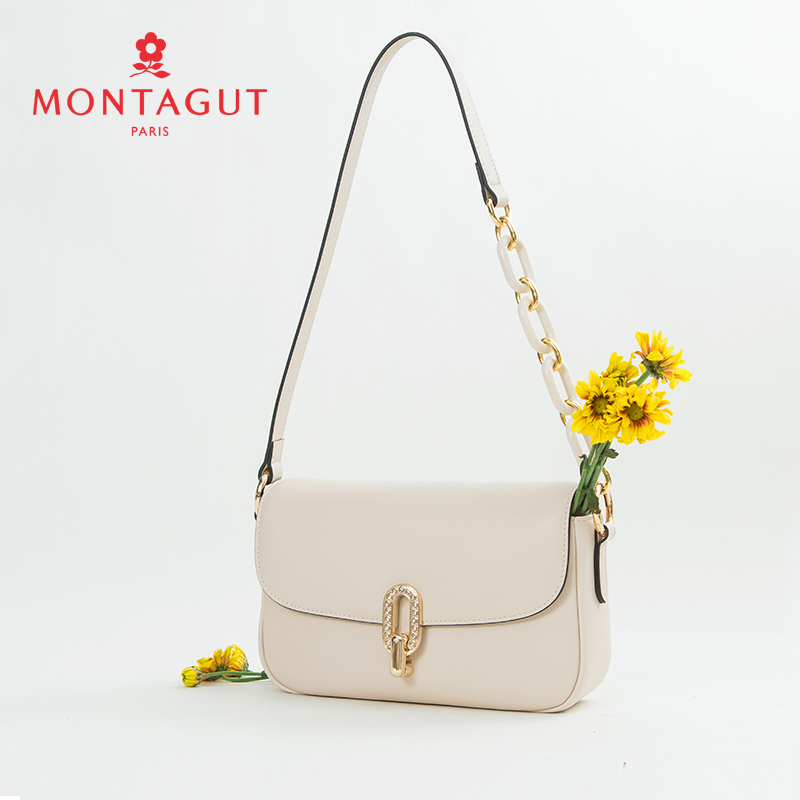 Montagut/梦特娇女士白色腋下包真皮单肩闪钻软面百搭休闲斜挎包