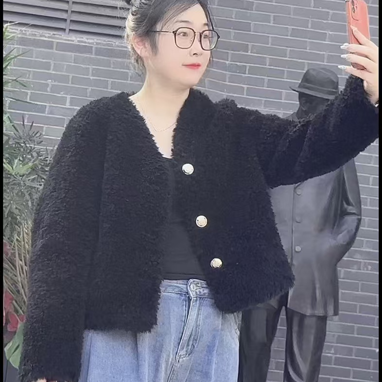 【刘大美】海宁源头厂家羊毛短外套V领保暖洋气百搭羊毛外套