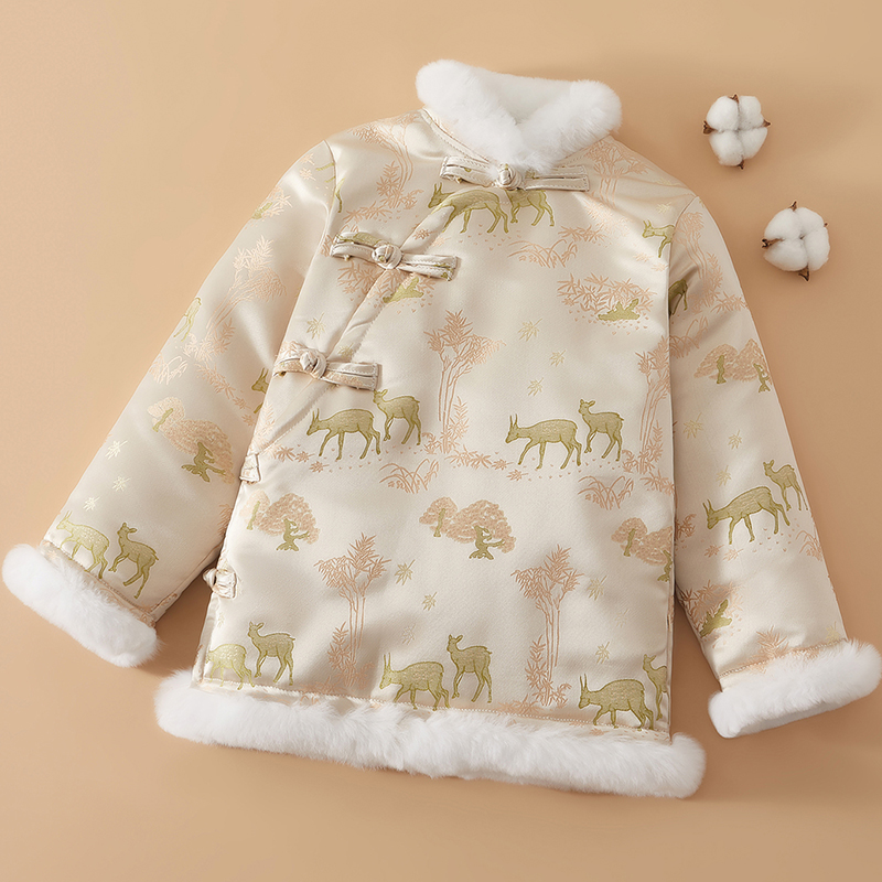 中大童棉花棉袄中国风斜襟毛领加厚保暖棉服国潮女童唐装棉花衣