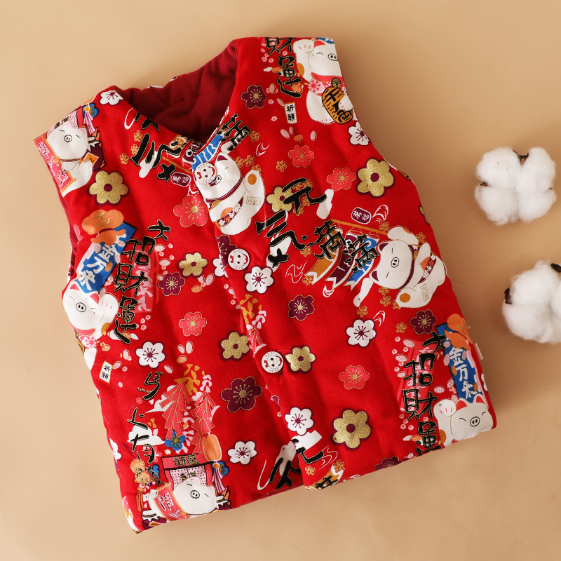 儿童纯棉花手工马甲男女宝宝保暖背心幼童新年装秋冬季加厚棉马夹