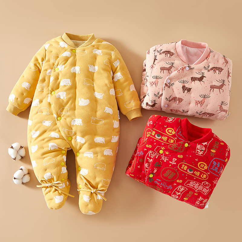 婴儿纯棉花手工棉衣服初生宝宝保暖哈衣外出服加棉包脚连体衣冬季