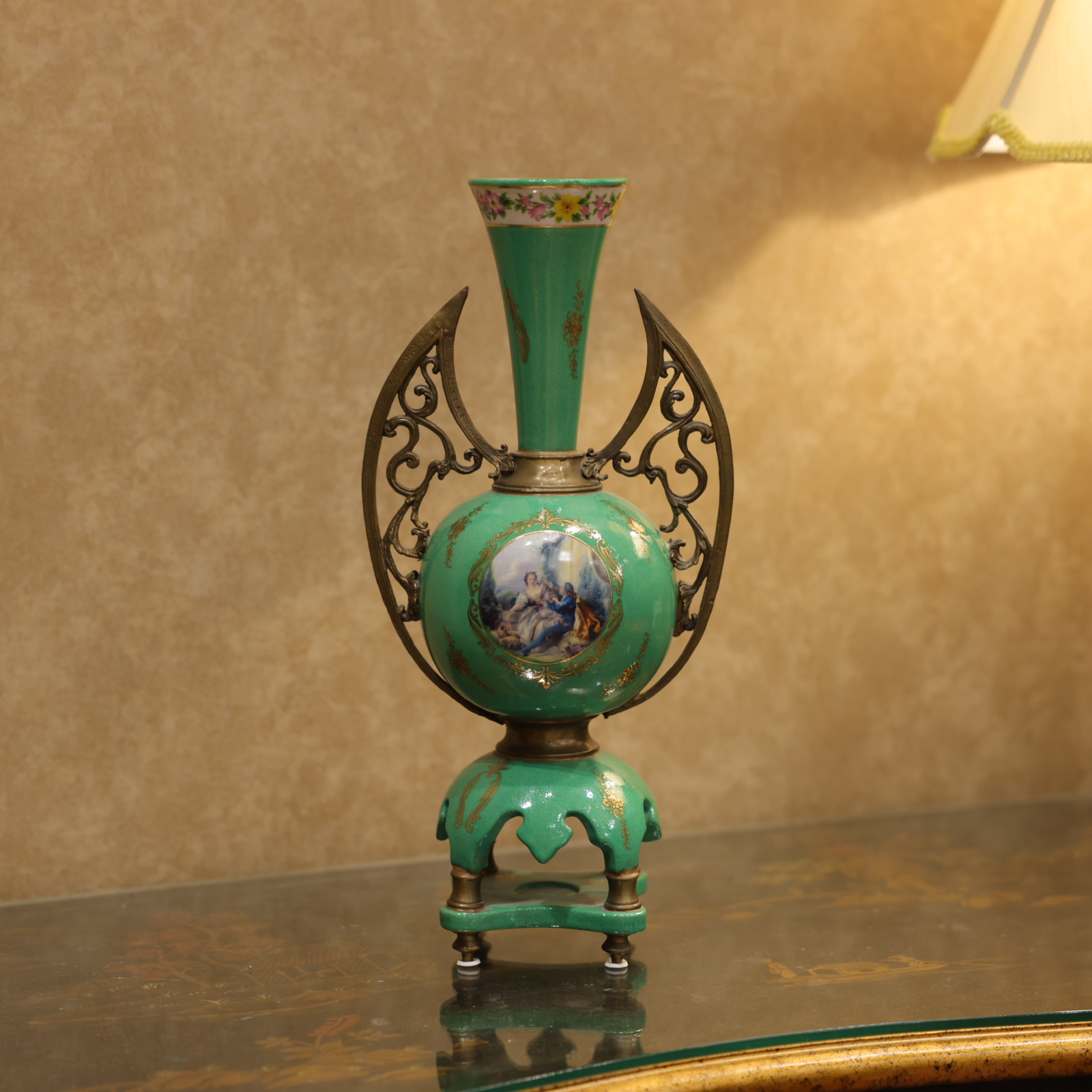 知潇家居/复古绿色异形摆件/手工双耳摆设/中式陶瓷/创意玄关/