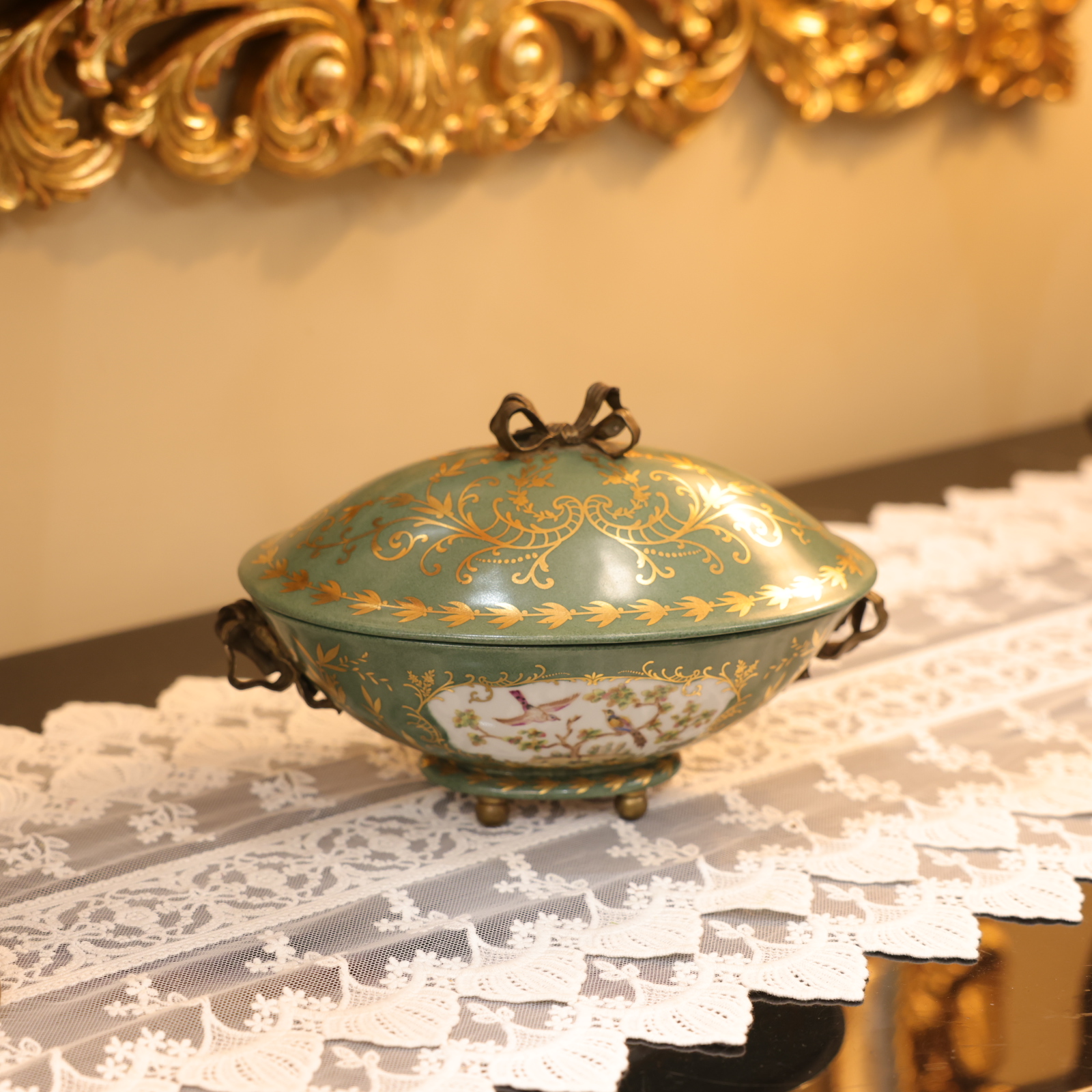 知潇家居/铜配瓷椭圆收纳盖罐/灰青色/储物收纳罐/装饰摆件