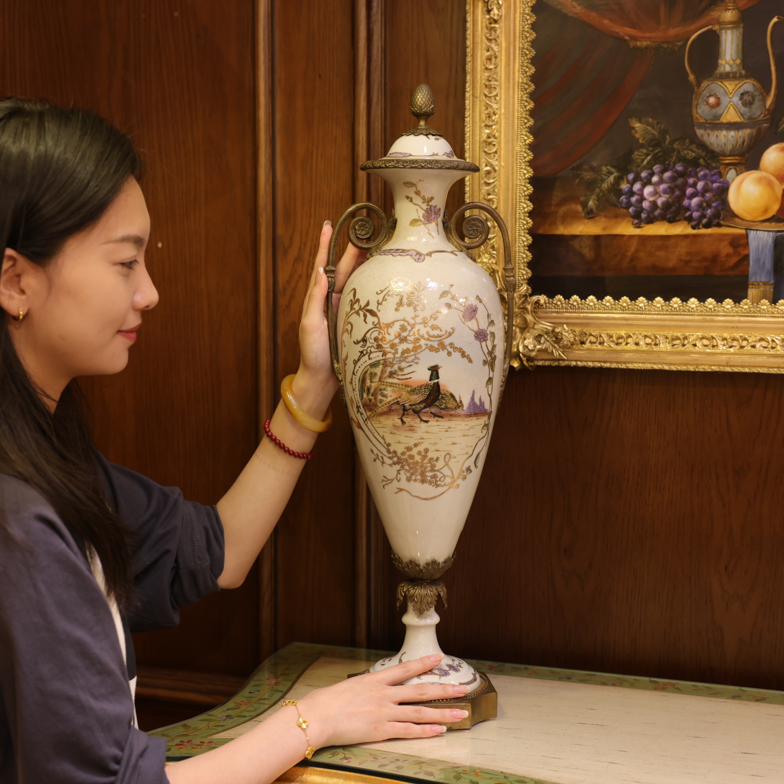 知潇家居/铜配瓷锦鸡瓷罐摆件/复古创意玄关摆设/古典手工/描金