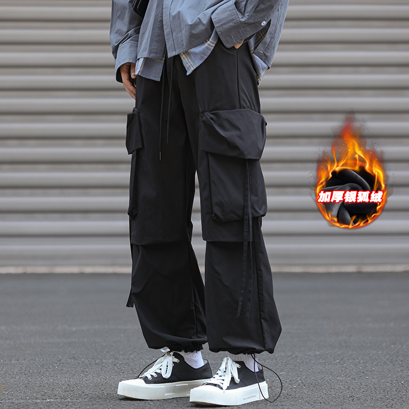 复古大口袋加绒工装伞兵裤男春季阔腿冲锋裤户外山系直筒休闲裤男