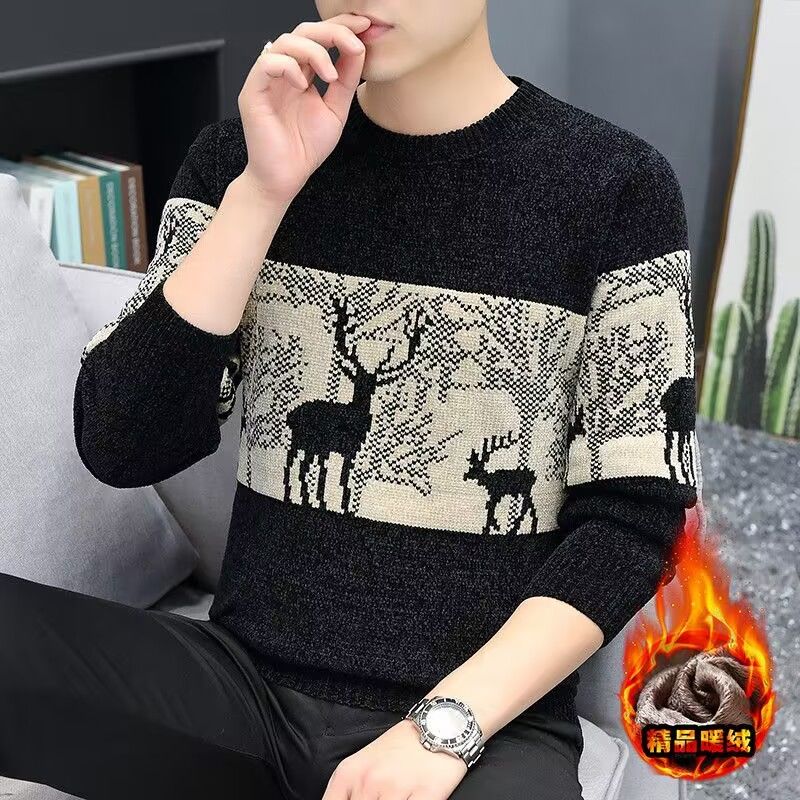 【小扬直播推荐】男士雪尼尔毛衣加绒加厚秋冬季青少年套头针织衫冬