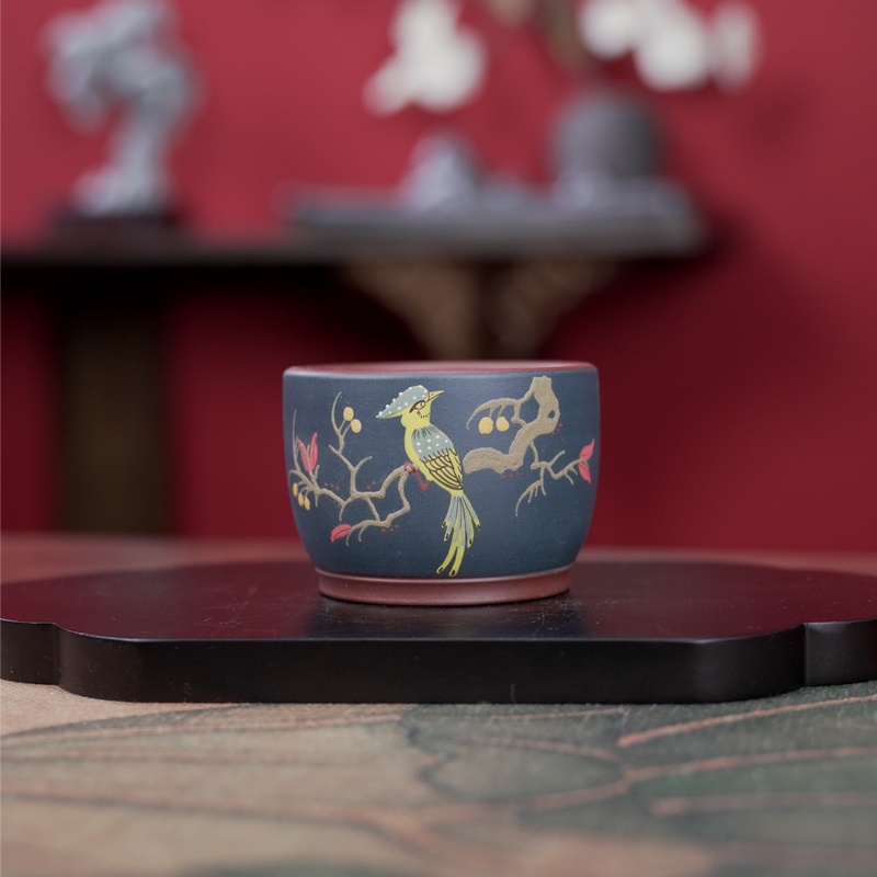 327   原矿紫砂茶具  紫泥粉浆墨绿泥堆绘小鸟主人杯  160cc左右