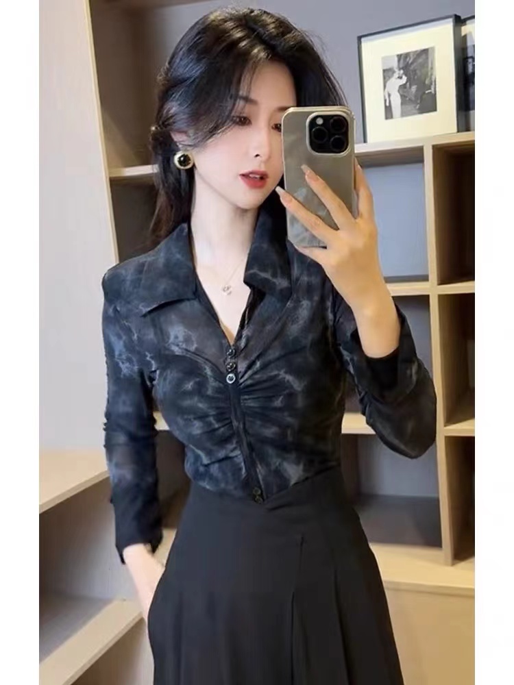 秋季2024新款高级感黑色晕染网纱长袖衬衫女气质时尚修身百搭上衣