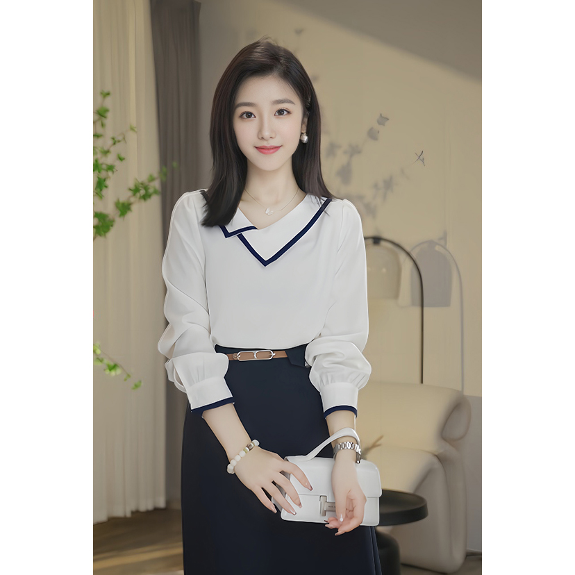 【无忧购】双色衬衫女时尚纯色设计感显瘦上衣宽松气质衬衣通勤衬衣
