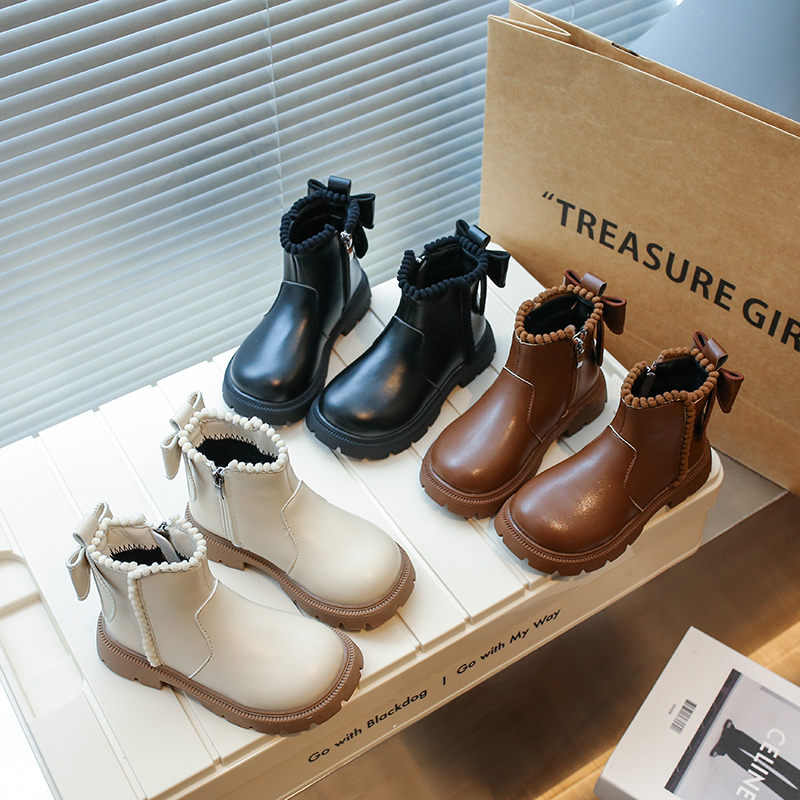 女童马丁靴2023秋冬款公主风时尚加绒加厚甜美蝴蝶结皮靴女童鞋子