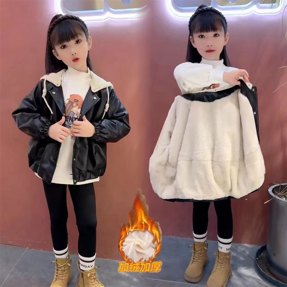 女童外套2024新款儿童洋气春秋加厚皮衣牛仔裤外套秋季加绒秋冬
