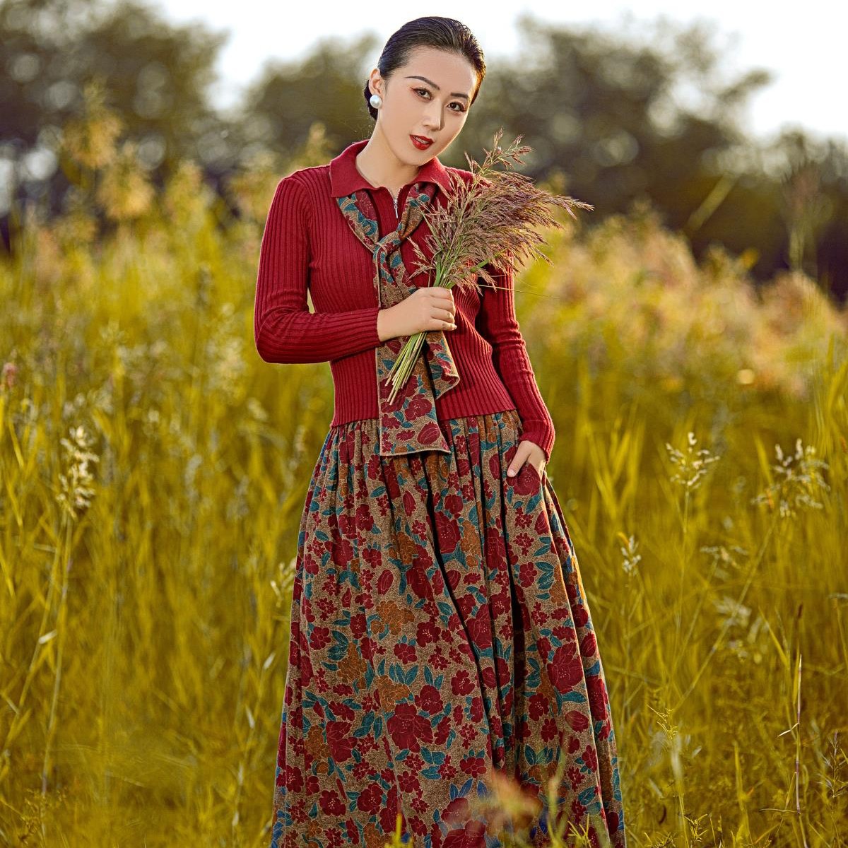 【大姚专属】【花裙系-忆花若梦】新款复古风高腰松紧大摆中长款女