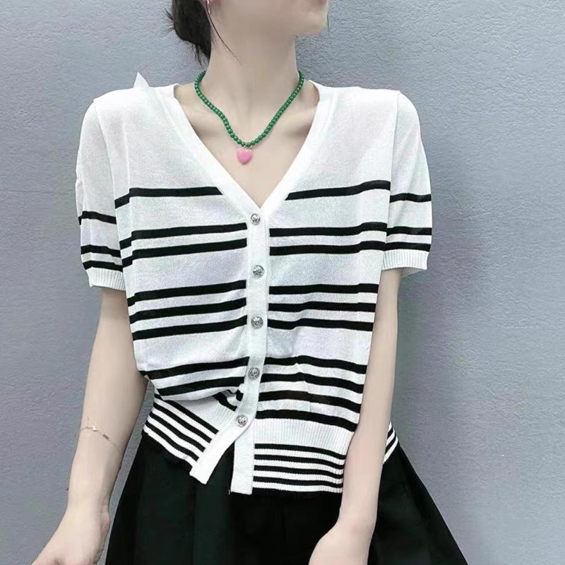 【绿色条纹】开衫外套3248超柔软新款高品质V领上衣