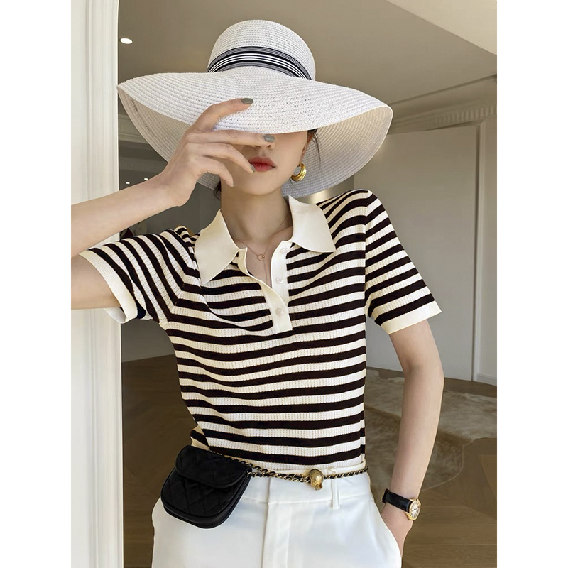 【黑领条纹】2960超柔软高品质翻领短袖上衣