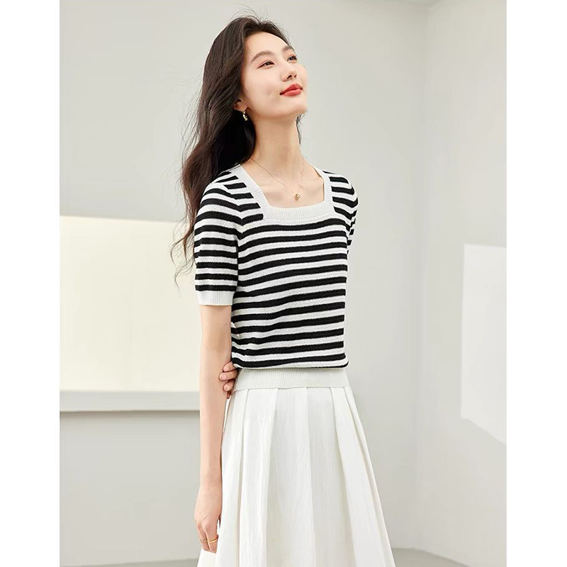 【粉白条纹】3145超柔软高品质法式方领条纹上衣