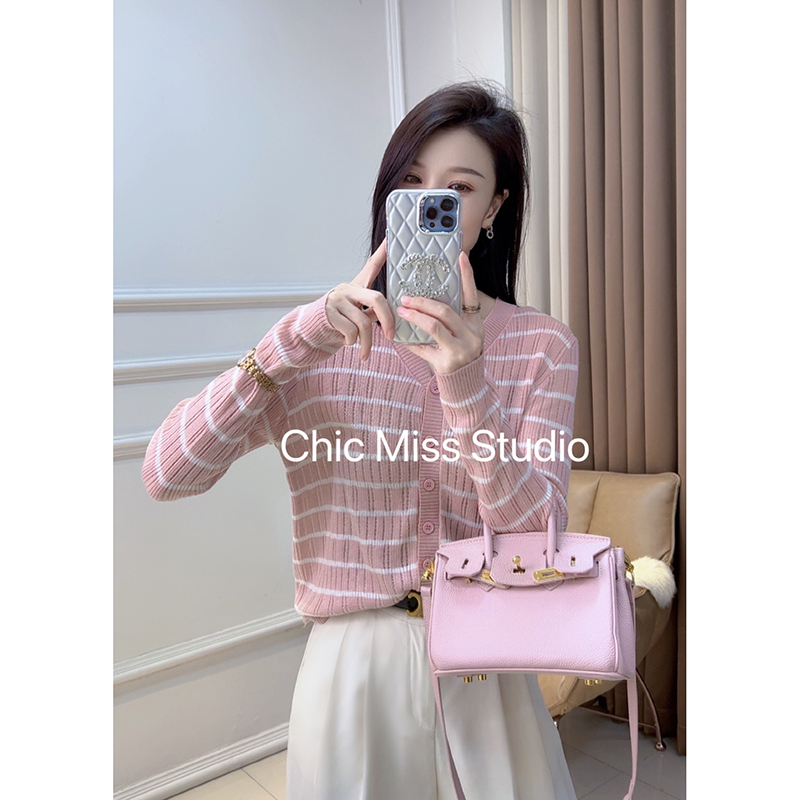 【粉色条纹】3305超柔软高品质v领开衫上衣