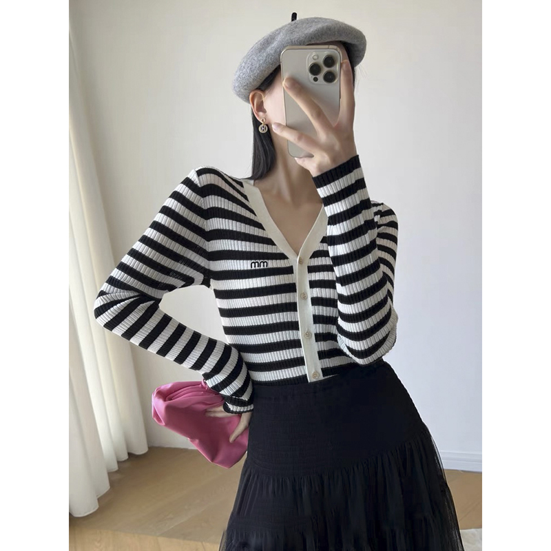 【绿色条纹】开衫外套3328超柔软高品质V领开衫上衣