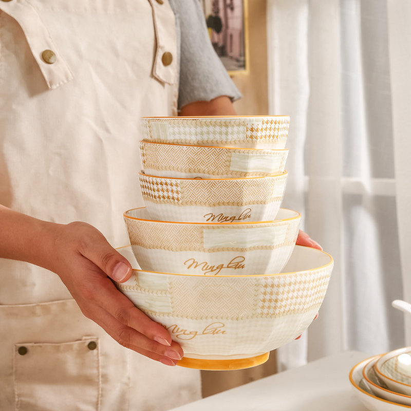 日式千鸟格碗碟套装4/6装家用2023新款陶瓷碗盘双耳面碗组合餐具