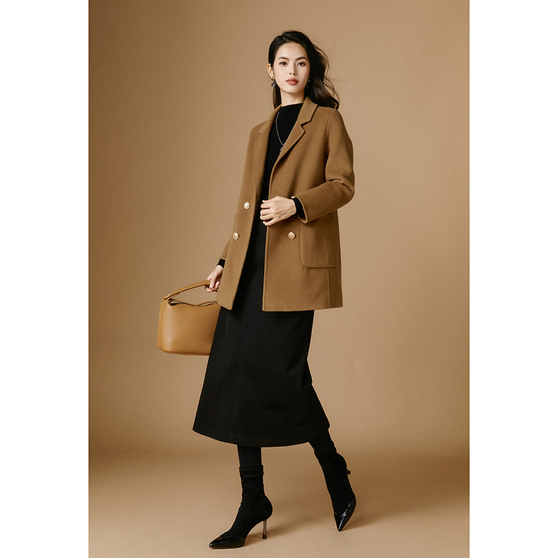 晚白2024冬新款气质翻驳领时尚减龄百搭双面呢羊毛大衣女24062318