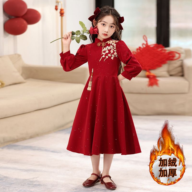女童拜年服女孩连衣裙2026新款加绒裙子国风红色喜庆过年战袍儿童