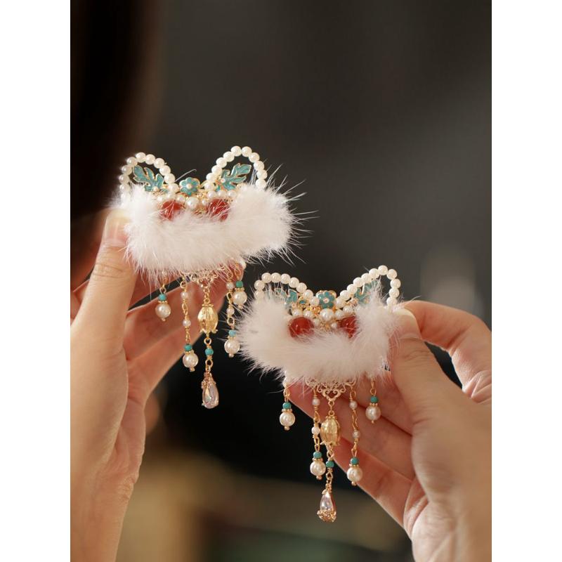 醒狮流苏新年发夹边夹 汉服女款头饰配饰古风醒狮精致小边夹对夹