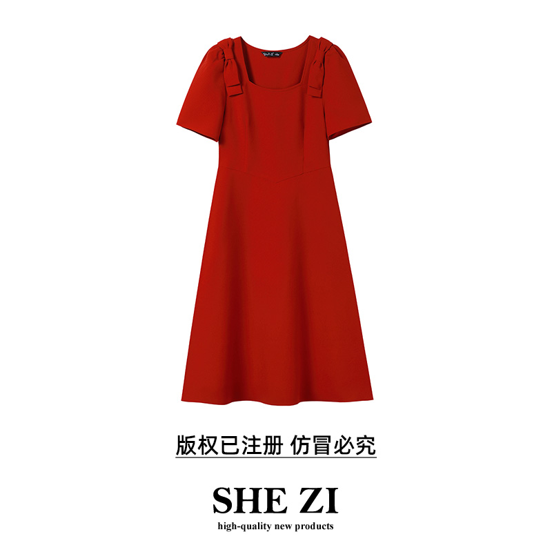 奢姿2024年夏装新款大码女装方领连衣裙胖妹妹蝴蝶结装饰连衣裙