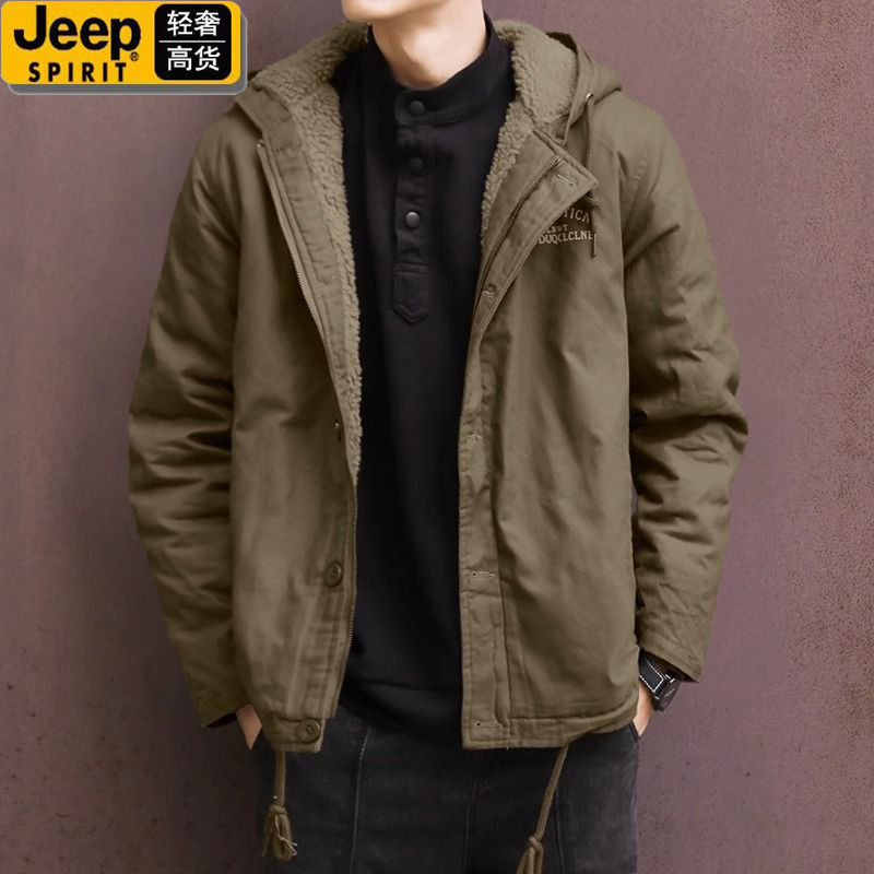 断码JEEP吉普连帽棉服男休闲宽松夹克外套冬季保暖加绒加厚羔绒棉