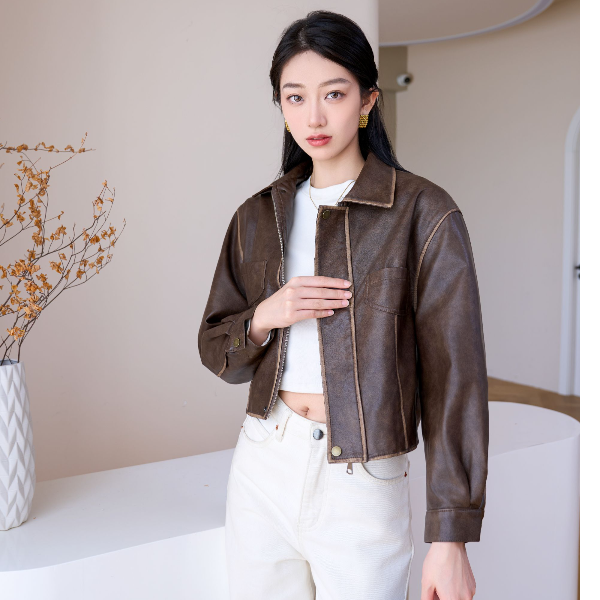 2024新美式复古高级感擦色皮衣外套女短夹克上衣小个子2407