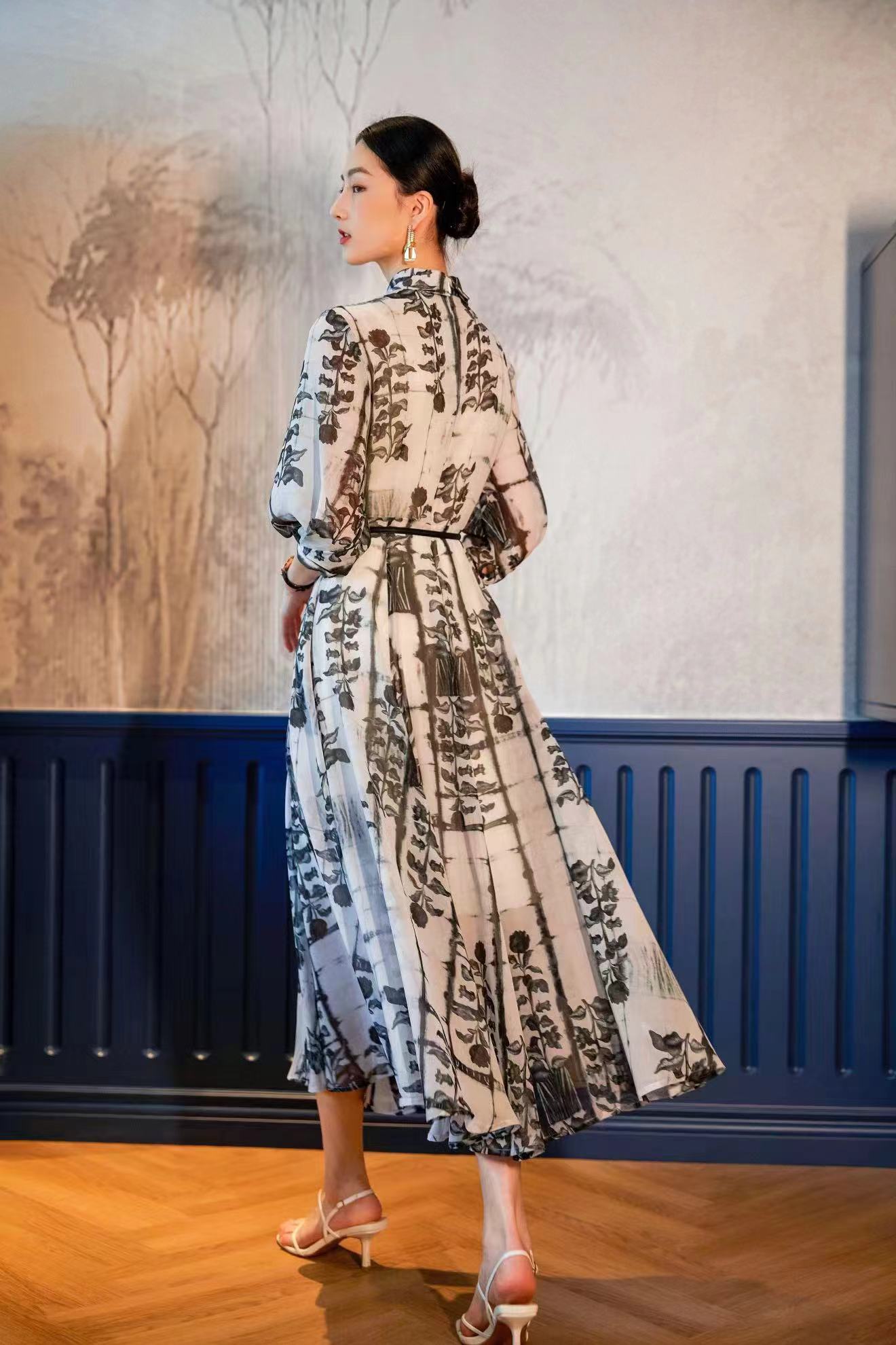 新品黑白碎花衬衣领时尚减龄气质知性长裙