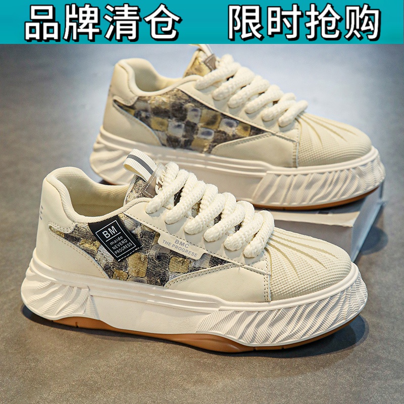 百丽王小白鞋男冬季潮流小众设计厚底港风面包鞋百搭运动油画板鞋