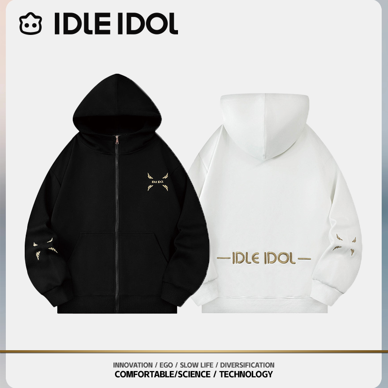 IDLE IDOL秋季新款重磅长袖连帽休闲纯色百搭男女开衫外套金线绣