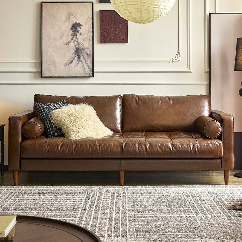 各各沃法式复古真皮沙发中古沙发美式头层牛皮油蜡皮客厅直排沙发