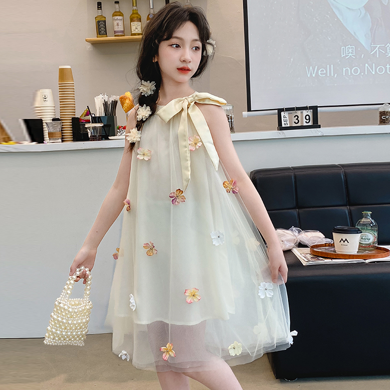 法式气质名媛风立体花朵甜美网纱花神连衣裙带蝴蝶结度假沙滩裙子