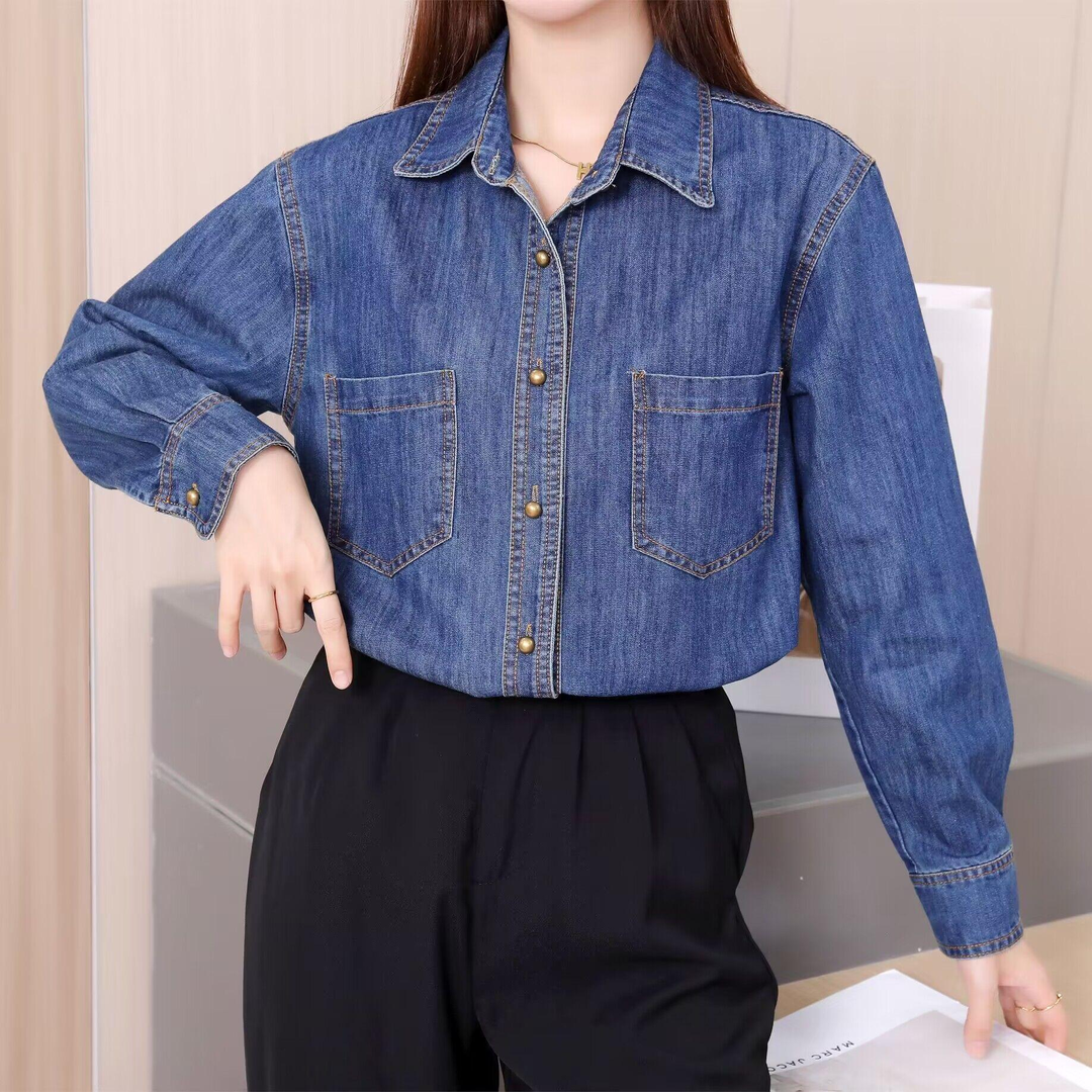 秋冬季牛仔衬衫女内搭叠穿长袖衬衣显瘦宽松上衣复古百搭衬衣外套