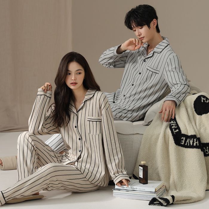 情侣睡衣四季款长袖长裤套装纯色翻领开衫莱赛尔家居服春秋季纯棉