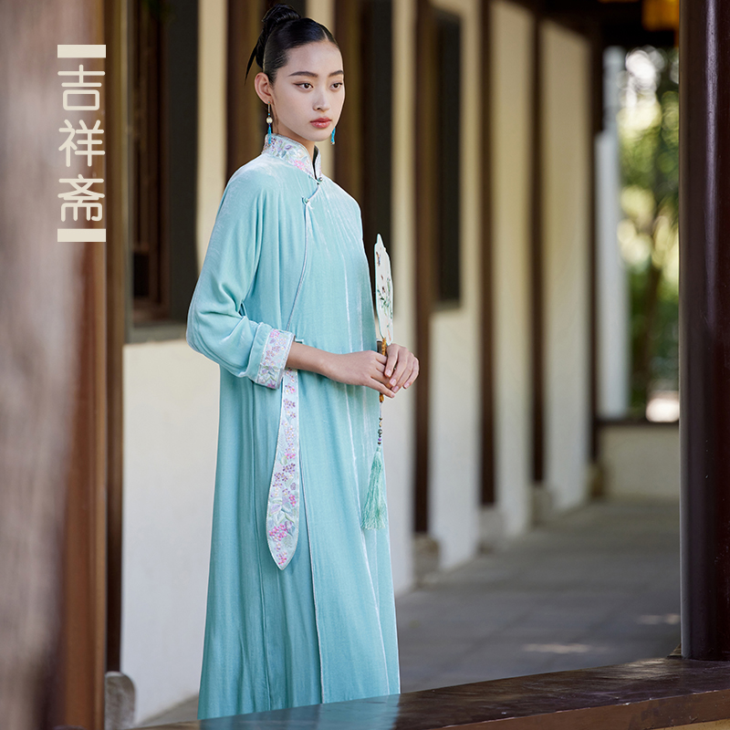 吉祥斋桑蚕丝女装民族风春夏宽松长款连衣裙斜襟套装竹之翠长衫