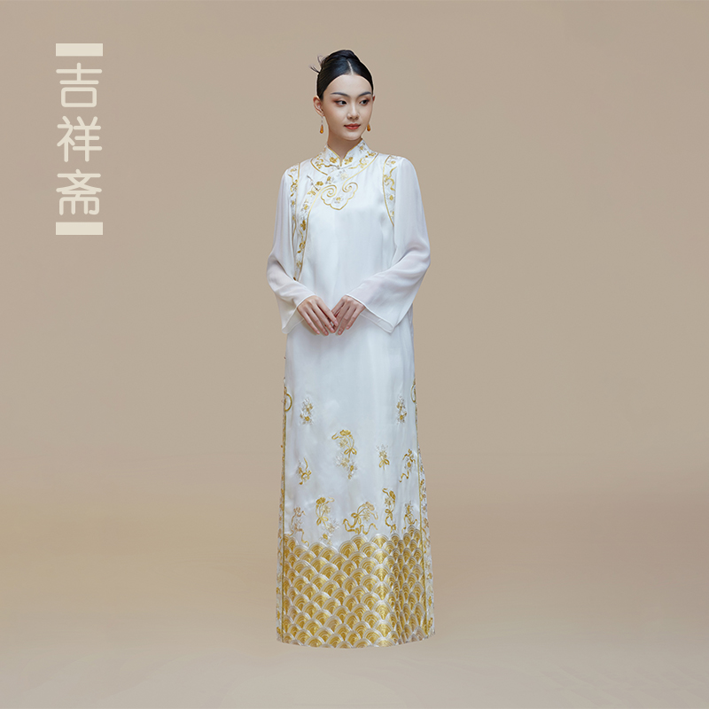 吉祥斋古风女装桑蚕丝白色长款民族风提花斜襟套装锦瑟和鸣长衫