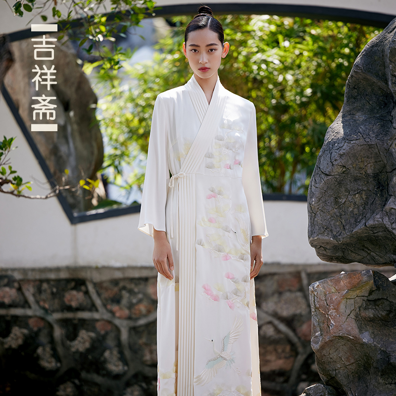 吉祥斋气质女装白色桑蚕丝套装单件中国风秋季玉鹤松系带连衣裙