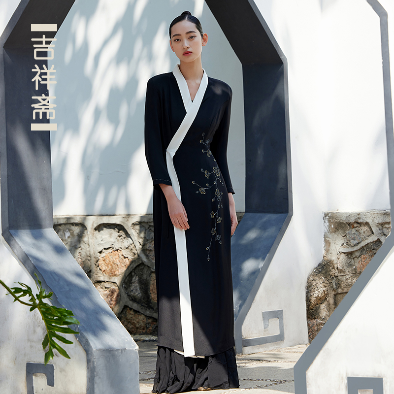 吉祥斋时尚女装梨园梅影系带长秋季单件中式蕾丝桑蚕丝套装上衣