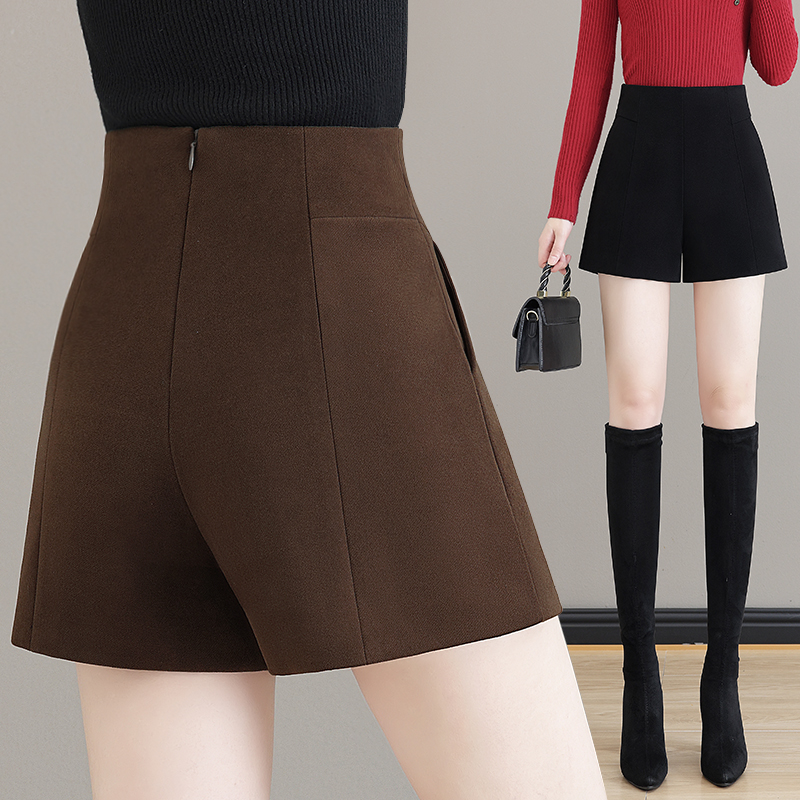 加厚毛呢短裤女秋冬超高腰显瘦黑色阔腿短裤冬季A字外穿打底靴裤