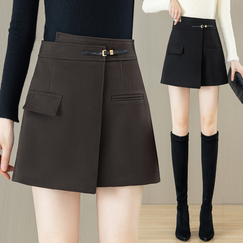 女士毛呢裙裤秋冬款高腰显瘦外穿a字阔腿毛呢短裤裙时尚黑色靴裤