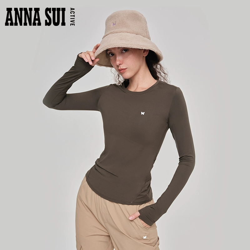 ANNA SUI 多元系列 圆领收腰运动T恤拇指洞弹力针织长袖瑜伽服女
