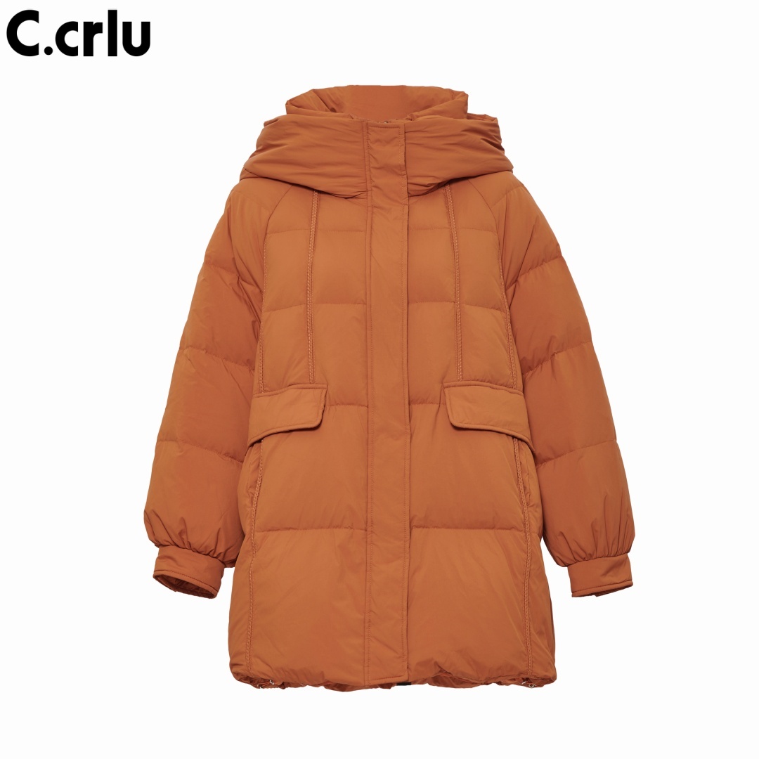 C CR.LU/可路莎活力橙连帽茧型羽绒服保暖秋冬女款时尚