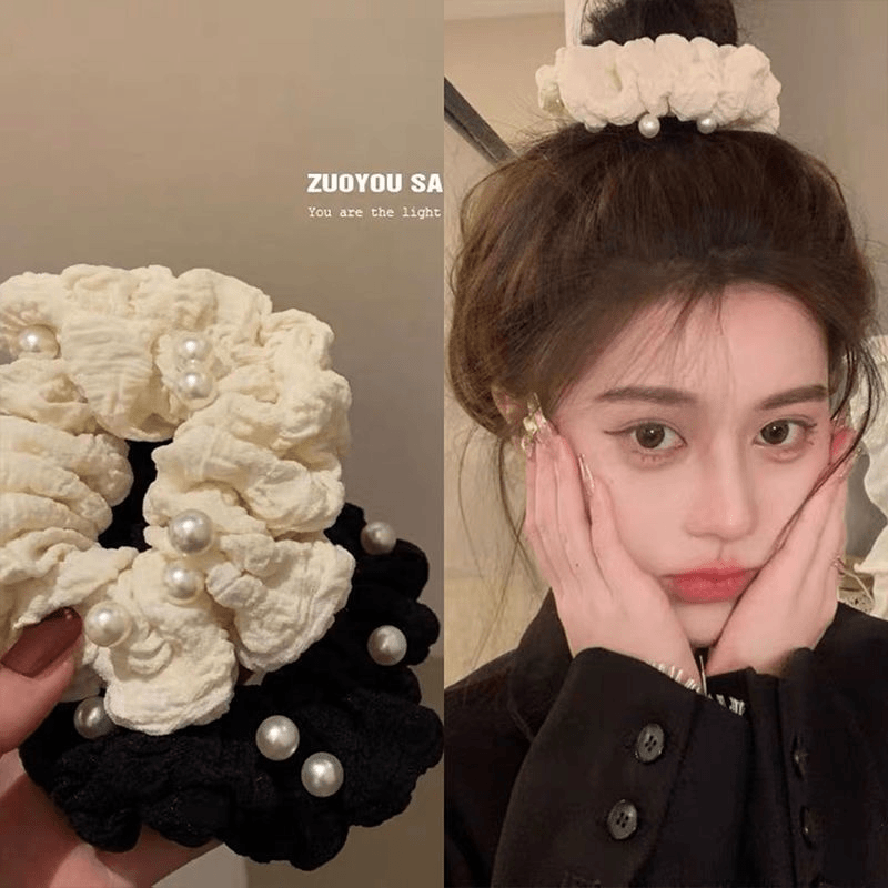 珠珠褶皱布艺大肠发圈女网红气质百搭皮筋女扎头发绳头饰简约发饰