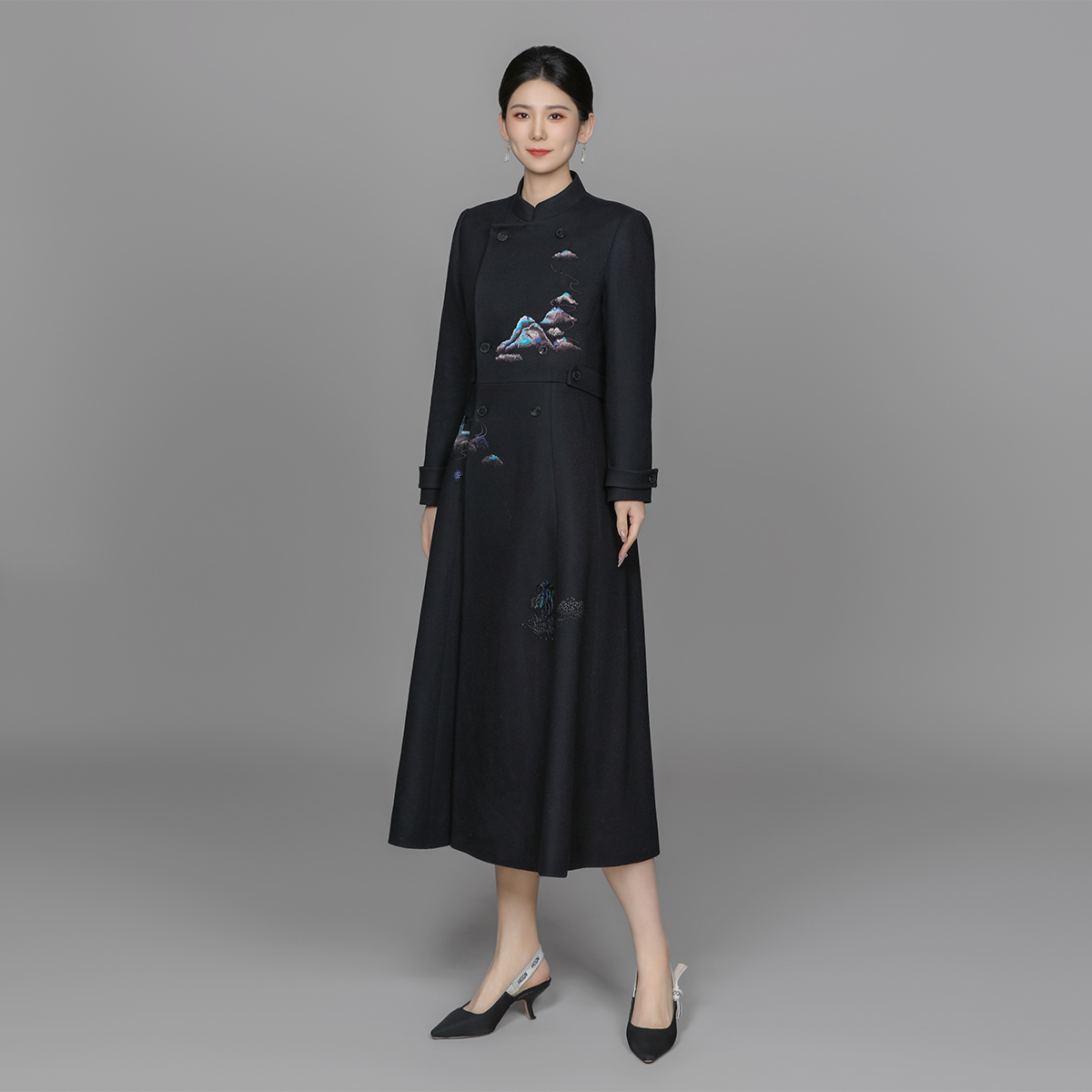 高端爆款秋冬黑色羊毛毛呢子大衣长款外套瑞鹤战袍连衣裙ACL11511