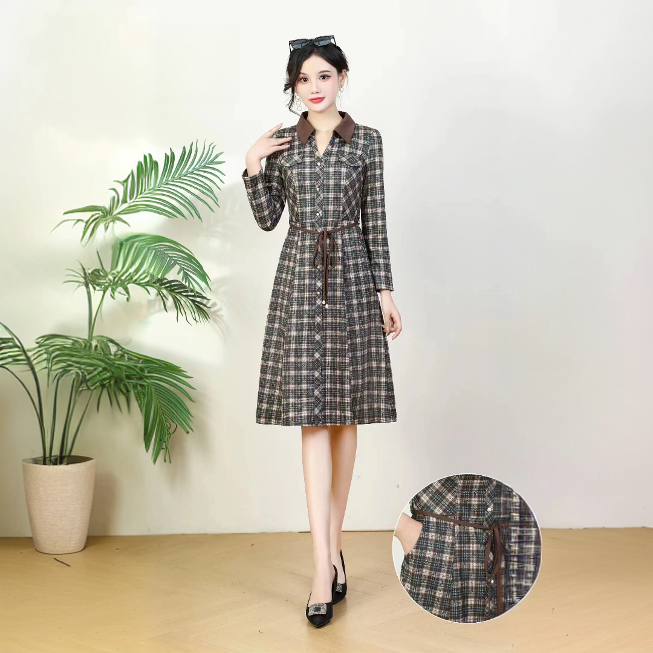 B06#咖【木兮兮专属】2024年秋冬季新气质显瘦格纹轻奢时尚连衣裙女