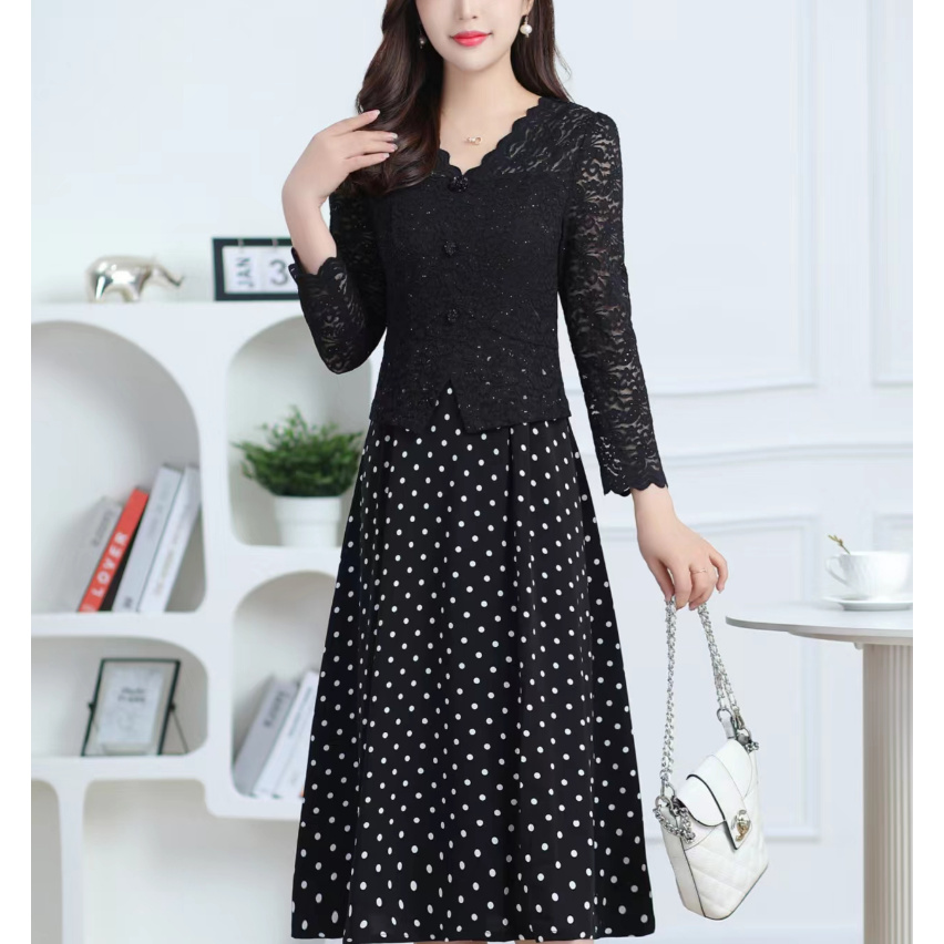B6#黑【木兮兮专属】2024年秋冬季新款气质显瘦波点蕾丝时尚连衣裙