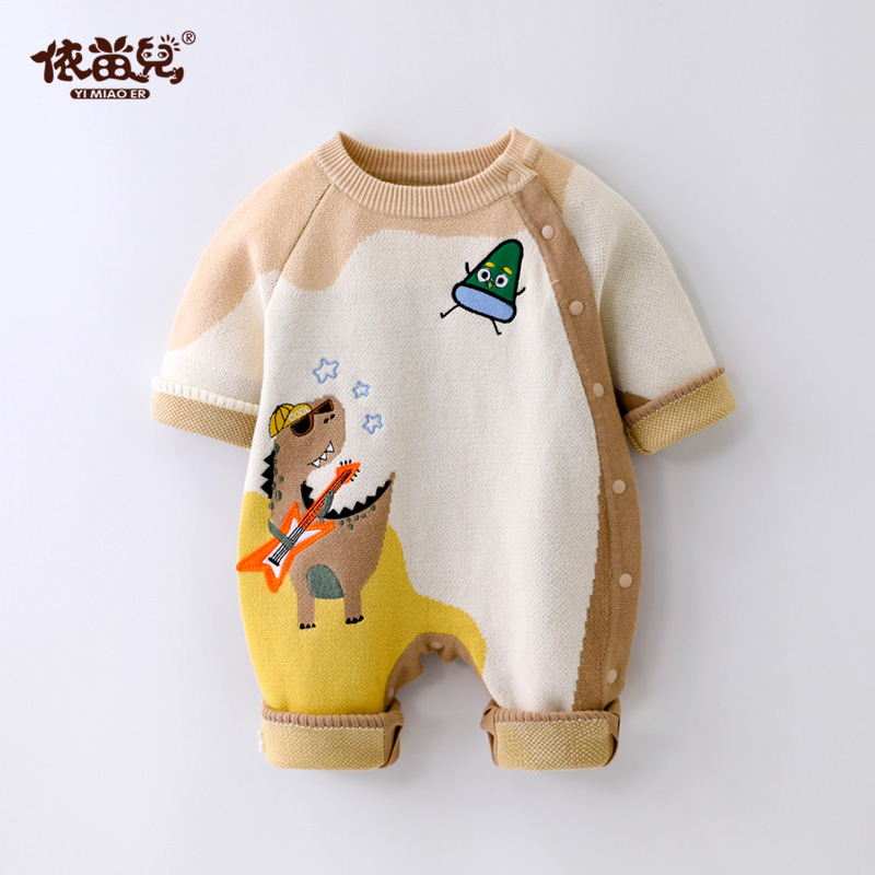 婴儿双层提花棉纱针织连体衣宝宝哈衣爬服连身衣