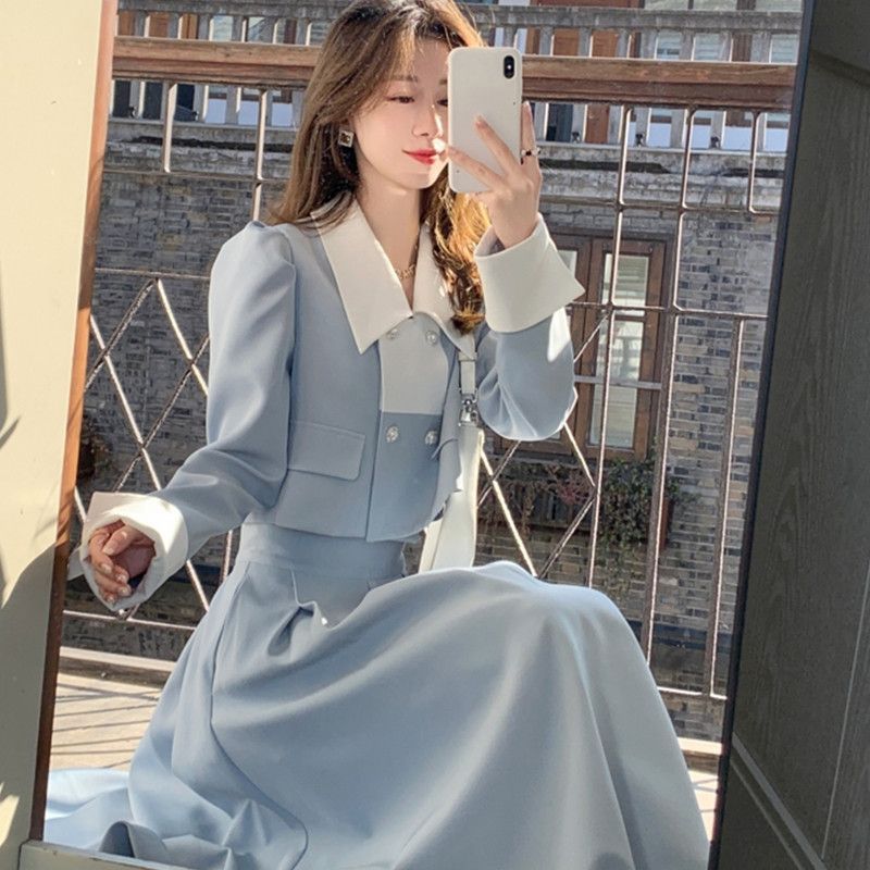 新款时尚套装小香风法式短款外套高腰半身裙两件套