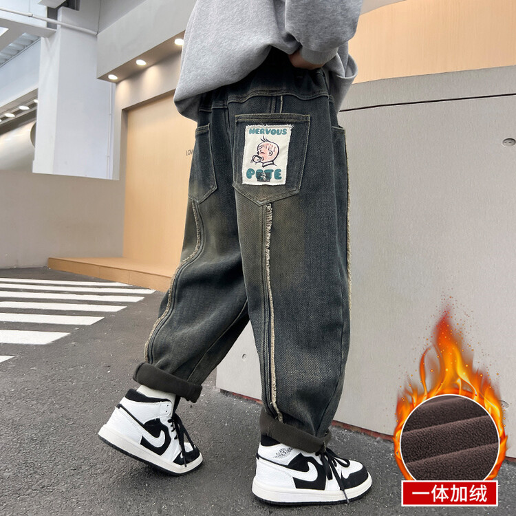 男童一体加绒牛仔裤子春秋冬款2023新款冬季中大儿童冬装加厚长裤